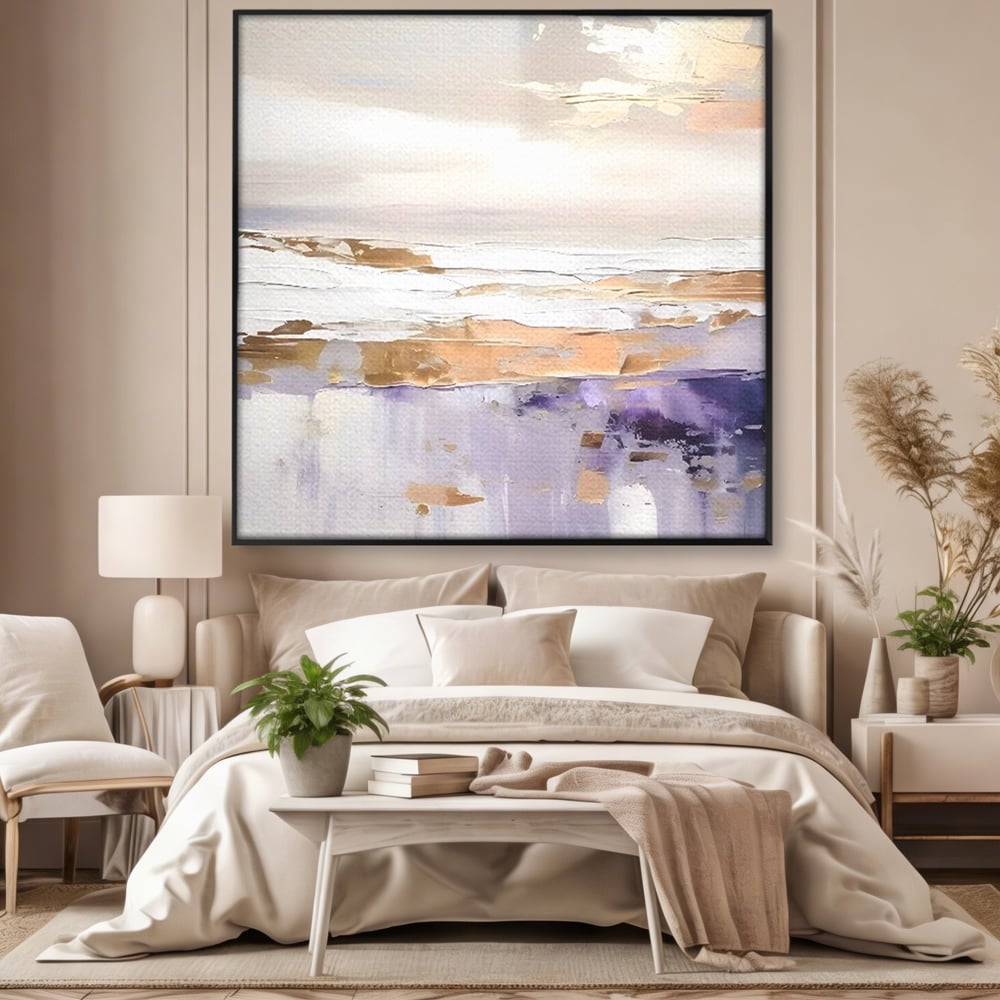 Tablou canvas cu pictura abstracta cu valuri si cer pastelat, in rama de aluminiu negru, pe perete intr-un dormitor